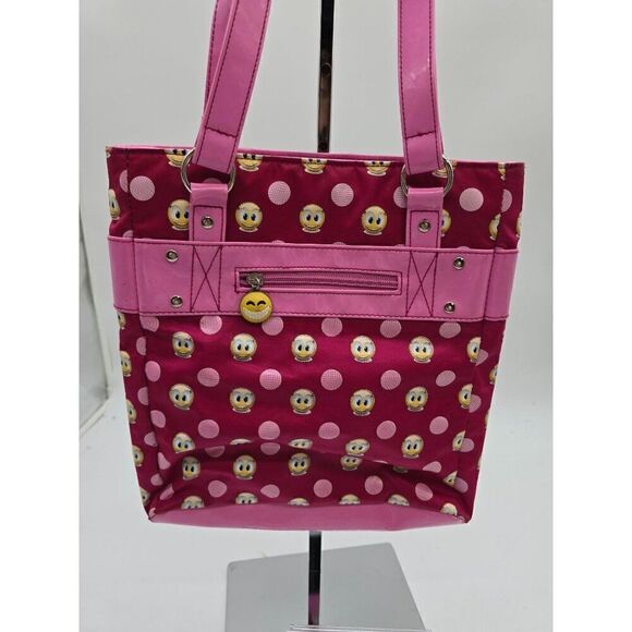 Pink Polka Dot Emoji Tote Bag With Smiley Charm - Picture 1 of 7